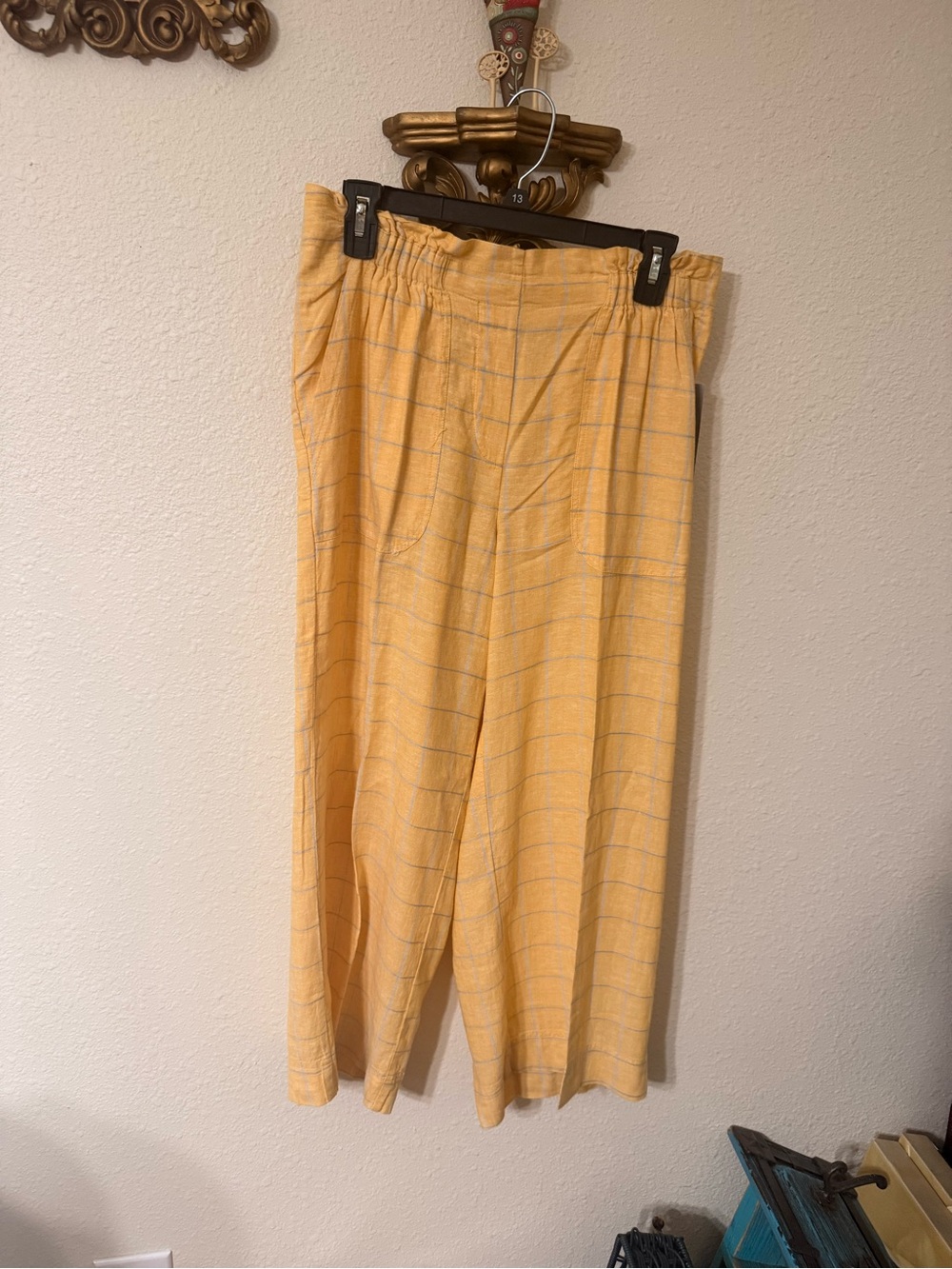 belk Yellow Ivory Plaid Linen-Look Pants